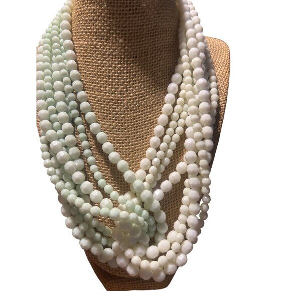 Vintage Multi Strand Necklace Intertwined Faceted Beads White Mint Green Adj 21" - Picture 1 of 4